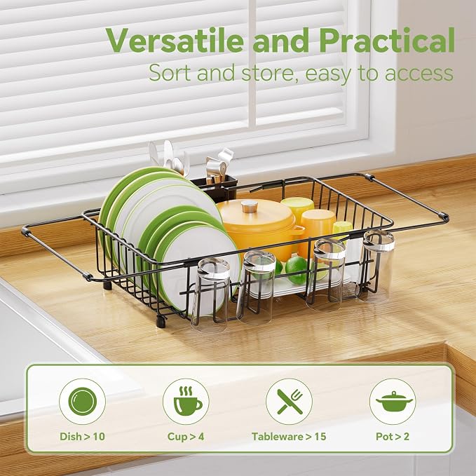 Simple Trending Expandable Dish Drying Rack in Sink, Adjustable Dish Drainers for Kitchen Counter, Inside Sink, Over the Sink with Utensil Holder, Black
