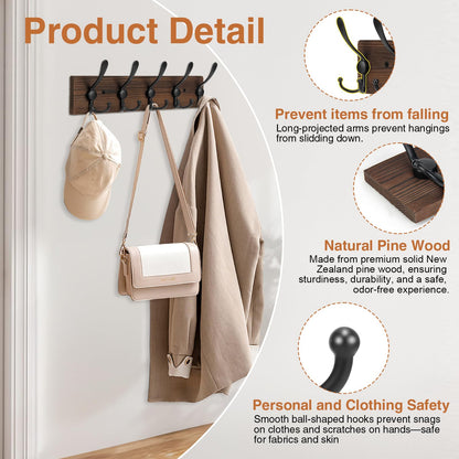 Wooden Coat Rack Wall Mount Heavy Duty, 2 Pack Coat Hanger Wall Mount with 5 Triple Hooks for Clothes, Jacket, Hat, Keys, Space Saving Entryway Organizer for Mudroom (‎Brown Plate & Black Hooks)