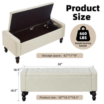 DRM‘SCUUM 50" W Storage Ottoman Bench with Safety Hinge, Load up to 660 lb Ottoman with Storage, Upholstered Tufted Entryway Bench with Seating for Living Room, Bedroom, (Beige)