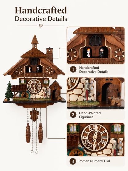 Cuckoopro Cuckoo Clock, Black Forest Style Wooden Pendulum Quartz Wall Clock, Volume Control, Night Silent, Gift Package, Professional Service