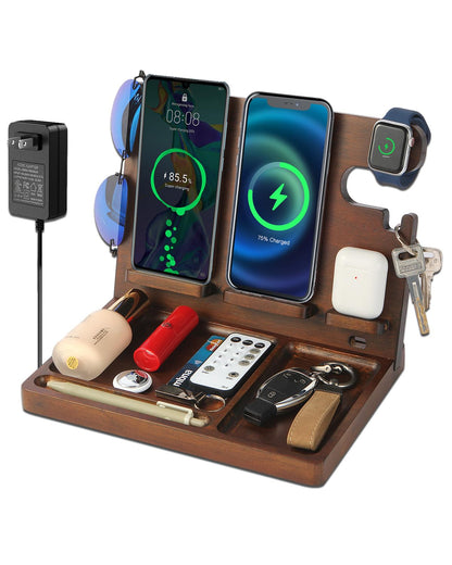 Xunhomon Wood Phone Docking Station Nightstand Organizer for Men 27W 2 Phone Wireless Charging Station with 4 Wireless Charger Stand for iPhone Apple Watch AirPod Mens Birthday Gift Ideas Key Holder
