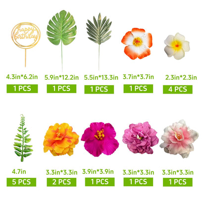 18Pcs Hawaiian Flowers Cake Decorations, Tropical Luau Cake Toppers with Hibiscus and Palm Leaves, Summer Cupcake Toppers, Non-Edible Aloha Beach Party Supplies for Birthday Celebration