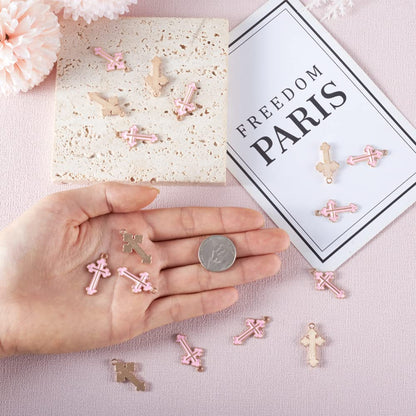 Mega Pet 100pcs Alloy Enamel Cross Pendant Charms Pink Metal Tiny Crucifix Flatback Dangle Charms Hang Ornaments 25x14mm for DIY Bracelet Necklace Jewelry Crafts Making Hole: 1.8mm