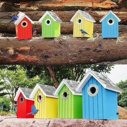 2PK Cedar Bluebird House, Wooden Bird House for Outside, 1.5" Entrance Hole Size, Stainless Steel Entrance Hole Protector, Silver Metal Roof, Colorful Garden Decorative, Pole Mountable (Yellow+Red)