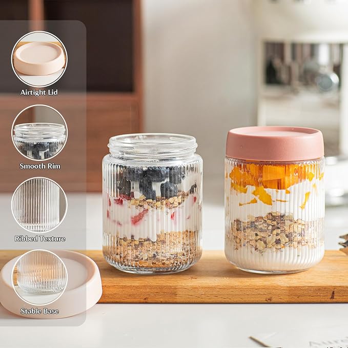 INSETLAN 16oz Glass Overnight Oats Containers with Lids – 6 Pack, Ribbed Glass Mason Jars for Meal Prep, Glass Food Storage Containers for Chia Pudding, Yogurt, Snacks, Fruit & Vegetables, Milk