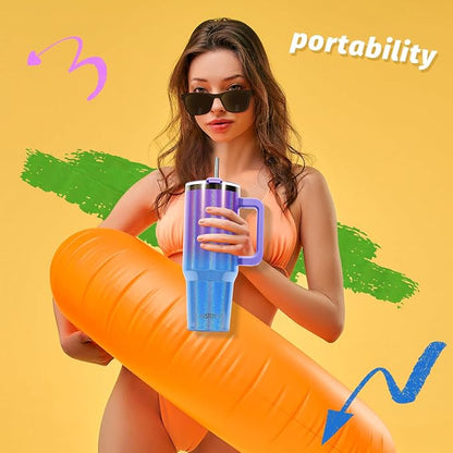 40 oz Shiny Tumbler with Handle and Straw,Stainless Steel Tumbler with Lid and Straw,Insulated Travel Mug(Cold for 34 Hours),Water Bottle for Iced Tea,Coffee (Purple)