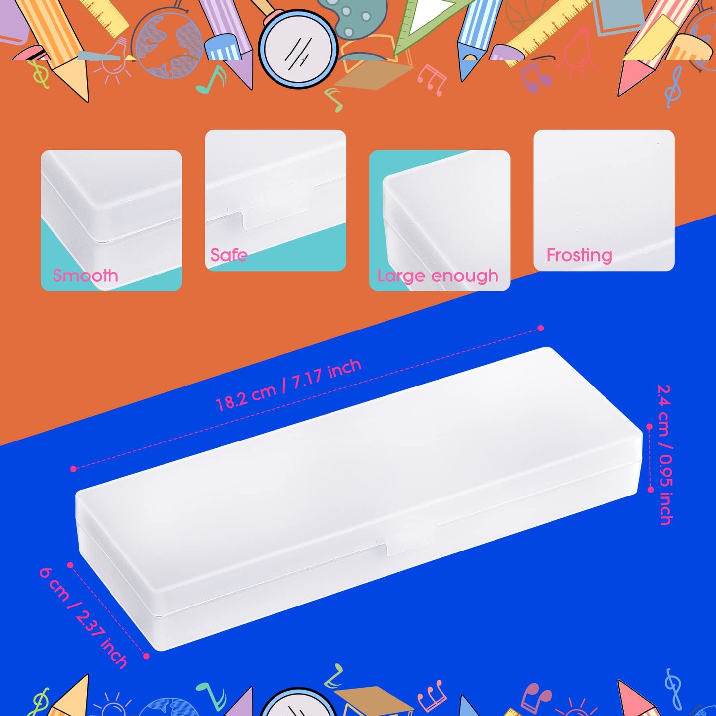 Crtiin 50 Pcs Pencil Boxes Bulk Plastic Clear Pencil Case Box for School Bulk Storage with Hinged Lid for Students School Office Supplies Organization(7.17 x 2.36 x 0.94 Inch)