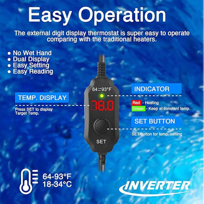 Aquarium Heater 200W, Submersible Fish Tank Heater with LED Digital Display, Auto Power-Off When Leaving Water & High Temp Protection, for Fresh and Salt Water Tanks 20-40 Gal