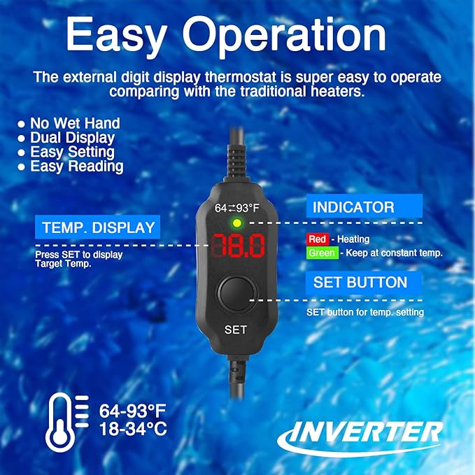 Aquarium Heater 25W, Submersible Fish Tank Heater with LED Digital Display, Auto Power-Off When Leaving Water & High Temp Protection, for Fresh and Salt Water Tanks 3-5 Gal