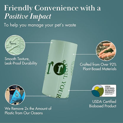Nina Woof Eco-Friendly 92% Plant-Based Dog Poop Bags Rolls -90 Extra Thick, Durable, Leak-Proof, Odorless, Convenient Disposal - USDA Certified, Heavy-Duty Trash Bags and Garbage Bags
