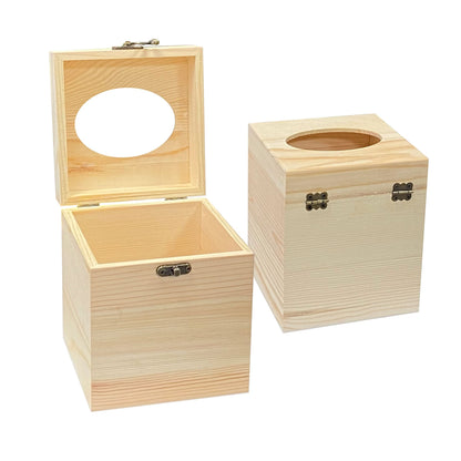 2 Pack Unfinished Wooden Tissue Box Cover for Crafts Oval Opening Solid Square Wood Tissue Holder for Home Decor (5.1x5.1x6 in)