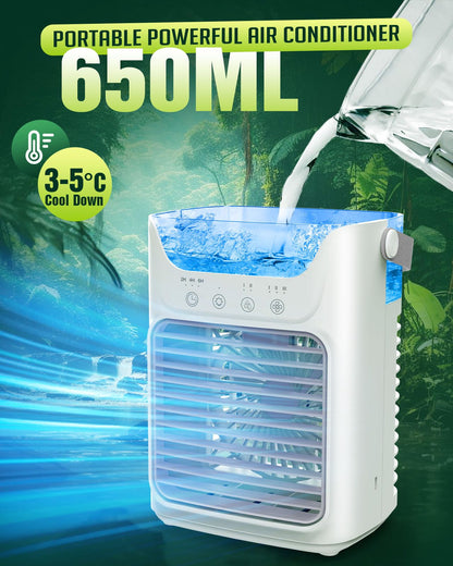 Portable Air Conditioners, 3 Wind Speeds & 7 LED Lights Evaporative Personal Air Cooler, 4 in 1 Portable AC with 650 mL Large Water Tank, Mini Air Conditioner for Bedroom/Car/Home/Camping/Room