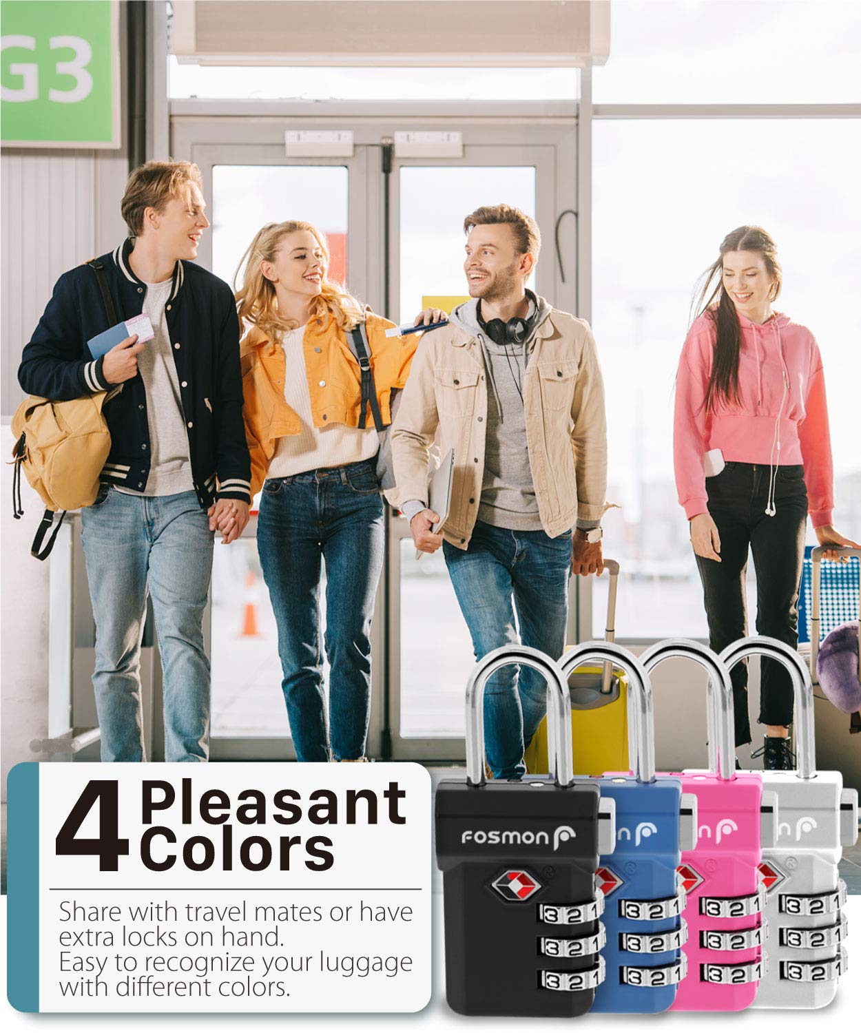 Fosmon TSA Approved Luggage Locks, Suitcase Travel Lock with Push Release Button, 3 Digit Combination Padlock for Gym Locker, Backpack Zipper- 4 Pack