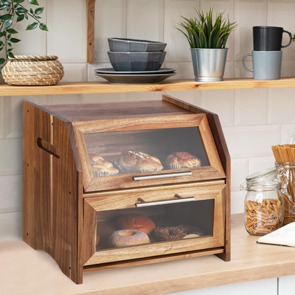 Bread Box, 2 Layer Bread Bin with Clear Acrylic Door Panel and Air Vents, Wooden Countertop Bread Storage Container, Farmhouse Bread Holder for Bread, Bagels and Rolls, Brown
