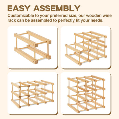 Wenceda Wooden Wine Rack, Stackable Wooden Wine Rack, Beech Wood Material Stackable Modular Wine Storage Racks, DIY Assembly Wine Bottle Holder for Inside Cabinet and Countertop (12-Bottle)