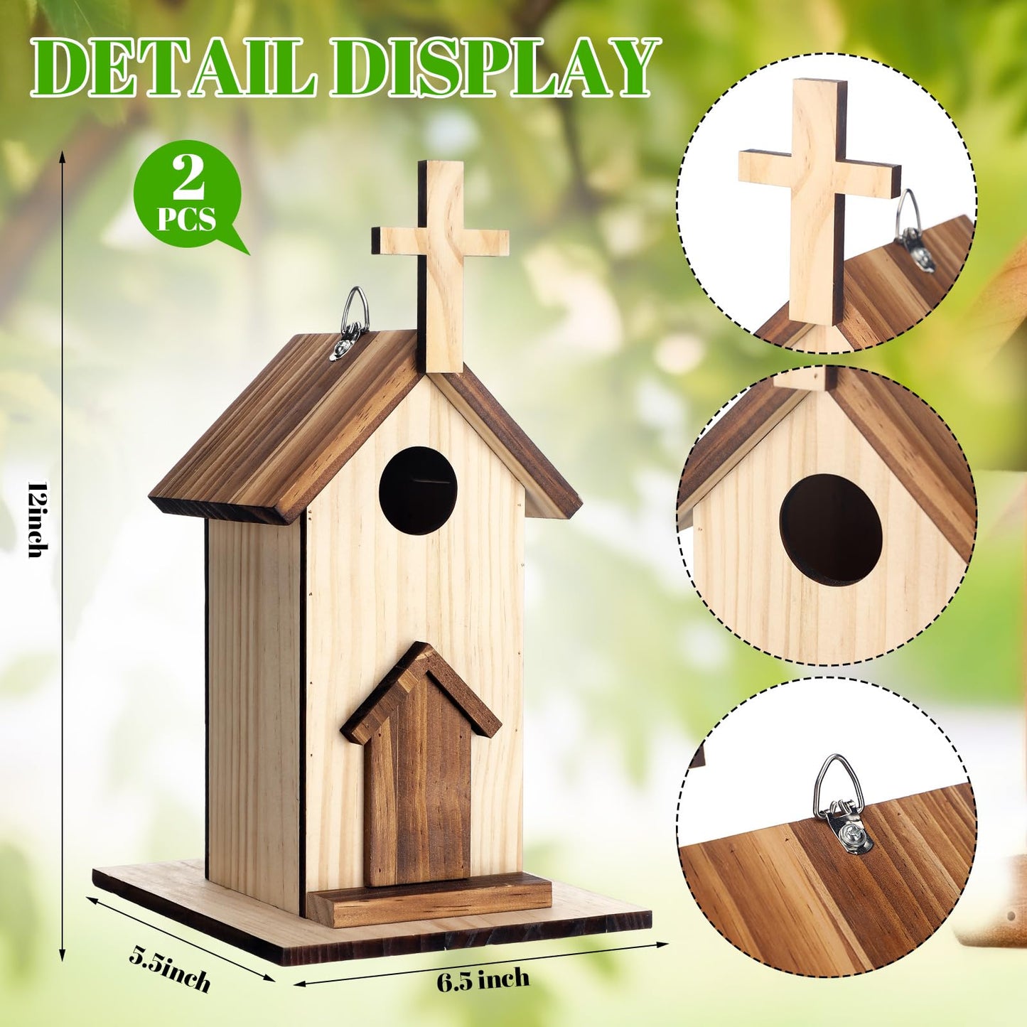 Leinuosen 2 Pcs Birdhouse Outdoor Hanging Wooden Church Birdhouse Cross Design 12" H Small Bird Houses Religious Bluebird Hummingbird Nesting Boxes for Outside Spring Easter Baptisms Garden Decoration