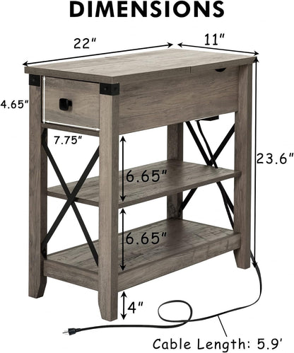 Awescuti Narrow End Table with Charging Station - Farmhouse Slim Side Table Set of 2, w/USB Ports Power Outlets, Nightstand w/Flip Top Storage Drawer, for Small Spaces Living Room Bedroom, Gray