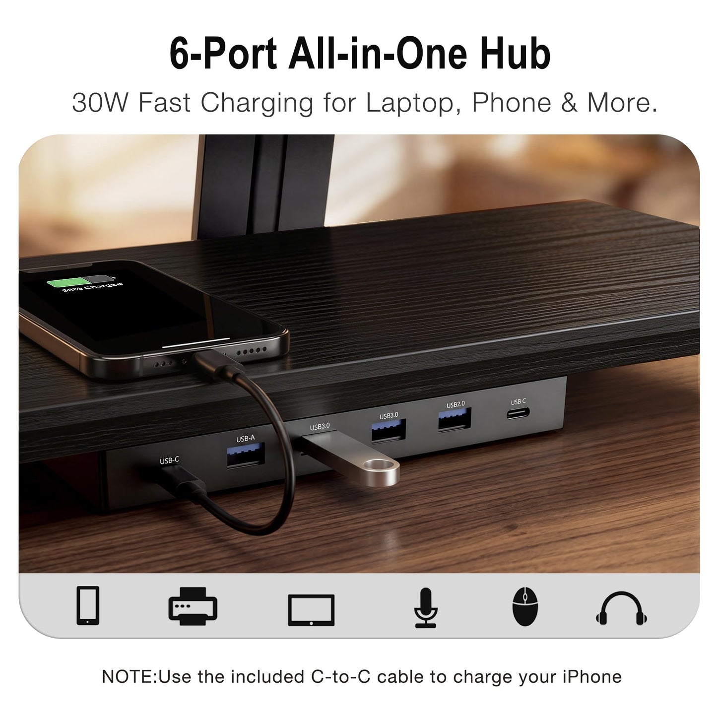 Furnny 2-Tier Dual Monitor Riser with 6-Port Hub – 39.4" Extra Wide Solid Wood Plywood Desk Stand for Dual Monitors, 30w Fast Charging USB C/A Ports, Heavy Duty Desk Organizer, Black Wood Grain Finish