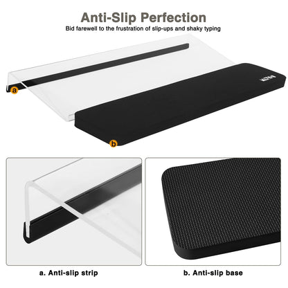 MAXECHO Acrylic Tilted Keyboard Riser Stand and Holder with Wrist Arm Rest Support Pad for Computer Desk Desktop, 16.9" Wide