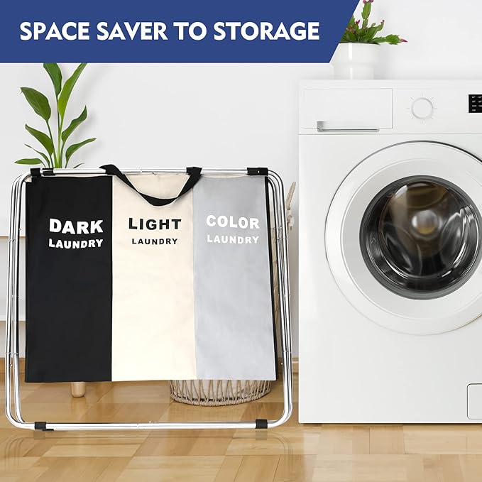 Laundry Cloth Hamper Sorter Basket Bin Foldable 3 Sections