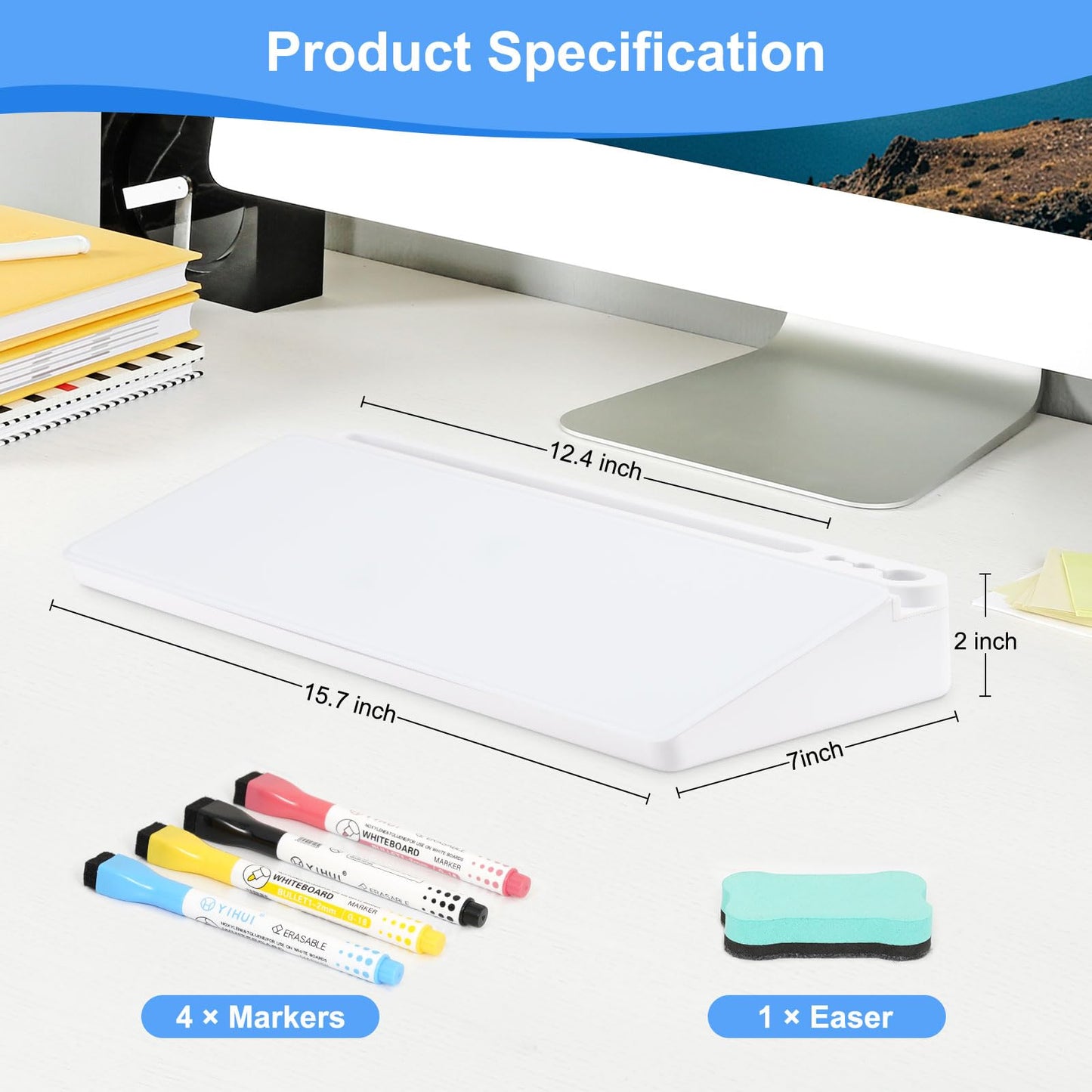 Desktop Glass Whiteboard with Storage, Desk White Board with Computer Keyboard Stand, White Dry Erase Board with Drawers for Home, School, Office Desk Organizers and Accessories