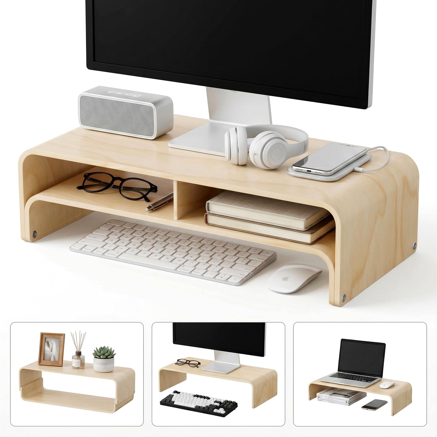 APRTAT Wood Monitor Stand Riser, Solid Woodon Dual Monitor Riser with Storage, 2-Tier Natural Monitor Riser with Storage, Computer Stand Keyboard Organizer
