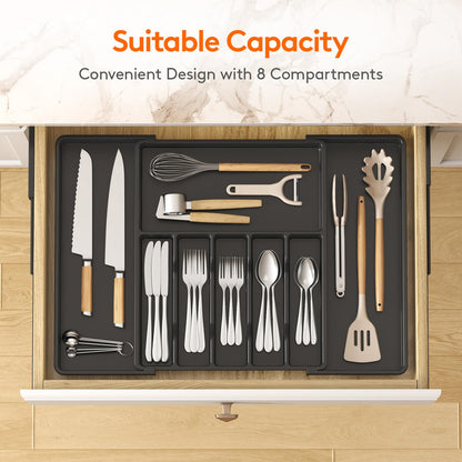 Lifewit Silverware Drawer Organizer, Expandable Utensil Tray for Kitchen, BPA Free Flatware and Cutlery Holder, Adjustable Plastic Storage for Spoons Forks Knives, 8.5"-14.1" x 12.1", Black
