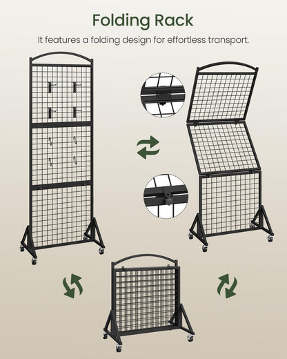 CHOEZON Foldable Grid Wall Panel 1.9' x 5.6' FT, Movable Gridwall Display Rack, Wire Grid Rack on Wheels, Retail Display Stand, with 4 S-Shaped Hooks and 4 Garment Hooks, Black TCJ37BB