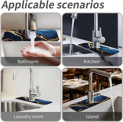 Kitchen Sink Splash Guard，Blue and gold marble texture Faucet Mat Sink