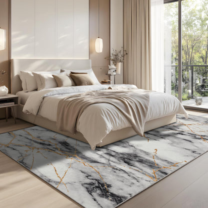 CRYPTOLITE Area Rugs 9x12 Rug for Living Room Abstract Washable Rug with Non-Slip Backing Low Pile Area Rugs for Bedroom, Dining Room, Gold&Grey