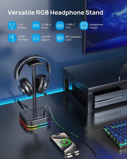 TROND Headphone Stand with USB C, Desk Gaming Headset Holder with 3 AC Outlets, 2 USB-A and 1 USB-C, Headset Stand with 5 RGB Light Modes, for Gaming Desk Accessories Gamer Boyfriend Gifts