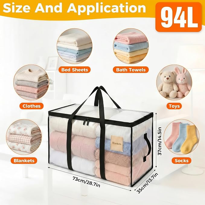 1 Pack Clear Storage Bags, PVC Foldable Blanket Storage Bags with Zipper & Handles for Sheet Organizers and Storage Closet Clothing Sweater Comforter Bedding Pillow (28.7x13.7x14.5 Inch)