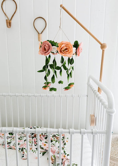 Baby Crib Mobile – Wooden Hanging Nursery Baby Mobile for Crib, Handmade Floral Nursery Decor for Girls, Perfect Shower Gift (Felt Rose) Also Fits Bassinets, Sorrel + Fern