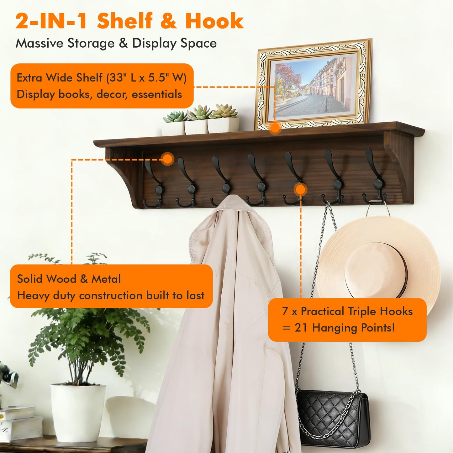 33" Coat Rack with Shelf Wall Mount, Pre-Assembled Solid Wood Coat Hooks with Shelf, Wall Coat Hanger with 7 Metal Triple-Hooks for Hanging Hat,Key,Clothes,Towel, for Entryway,Bedroom,Bathroom,Charred