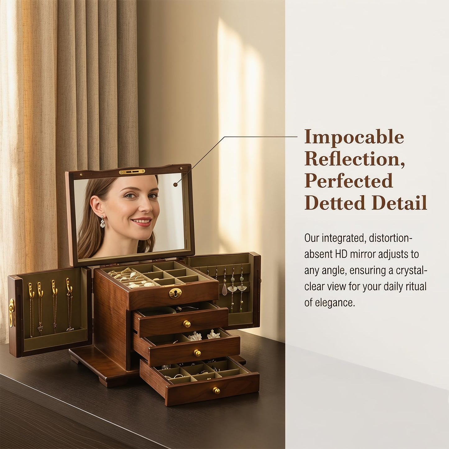 GuaziV Wooden Jewelry Box for Women – 4-Layer Jewelry Organizer with Mirror & Lock, Ring Holder, Necklace Hooks, Earring Board, Large Jewelry Storage Chest for Rings Earrings Necklaces Bracelets