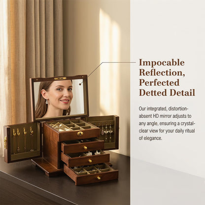 GuaziV Wooden Jewelry Box for Women – 4-Layer Jewelry Organizer with Mirror & Lock, Ring Holder, Necklace Hooks, Earring Board, Large Jewelry Storage Chest for Rings Earrings Necklaces Bracelets