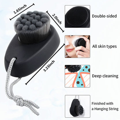 2 Pack Facial Cleansing Brush 2 in 1 for Face Exfoliation, Soft Bamboo Charcoal Microfiber Bristle Dual Face Silicone Scrubber Brush for Pore Deep Cleansing Skincare with Lid, Black+Gradient