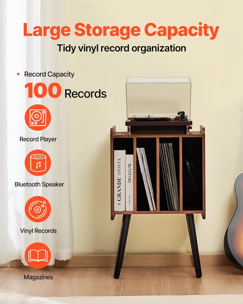 VEVOR Record Player Stand, 2 Tiers Turntable Stand with 4 Cabinets, Holds up to 100 Albums, Wooden Vinyl Record Storage Cabinet with Display Shelf for Bedroom, Living Room, Brown