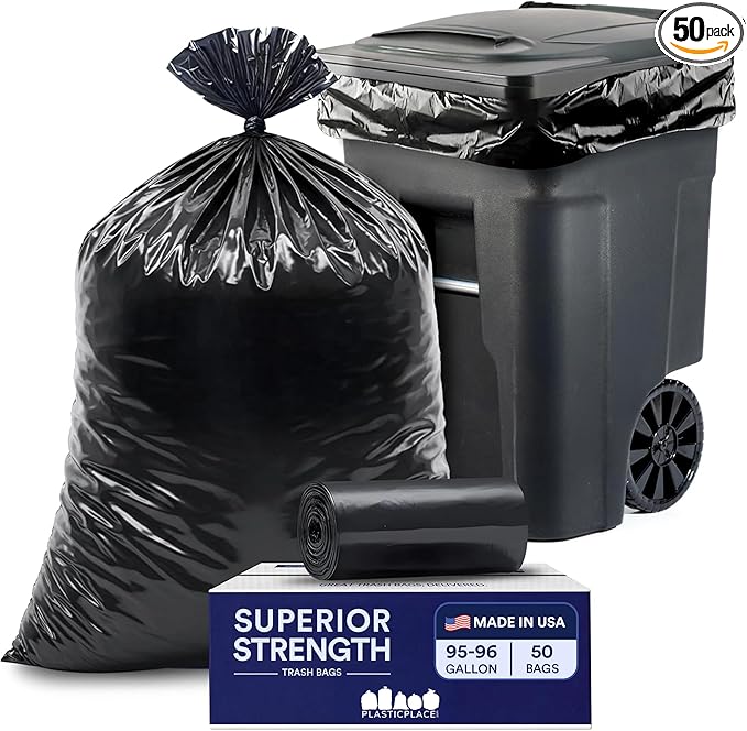 Plasticplace 95-96 Gallon Garbage Can Liners │ 1.5 Mil │ Black Heavy Duty Trash