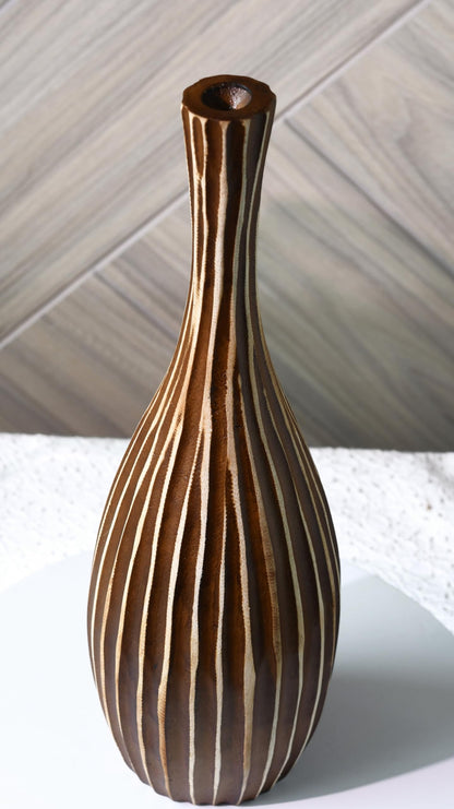 AeraVida Hand-Carved Tall Teardrop Mango Wood Vase with Vertical Stripes | Handmade Eco-Friendly Decor for Dried or Silk Flowers