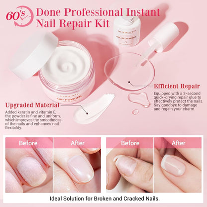 AZUREBEAUTY Nail Repair Kit Transparent Crystal for Broken Cracked Split Weak Nails, Ideal Solution Emergency Easy Quick Fix Dip Powder 28 g 1 Oz Quick-Drying Repair Glue 10 ml Nail File Nail Buffer