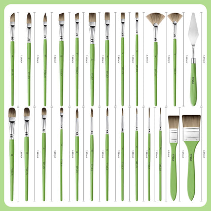 Paint Brushes Set of 25 Pieces Wooden Handles Brushes，Professional Artist Series with Filbert, Fan, Dagger, Cat Tongue, Round, Angle, Wide Flat Canvas Roll Bag & Palette Knife