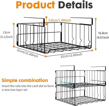 Hanging Under Shelf Storage Basket, 4 Pack Foldable Under Cabinet Metal Desk