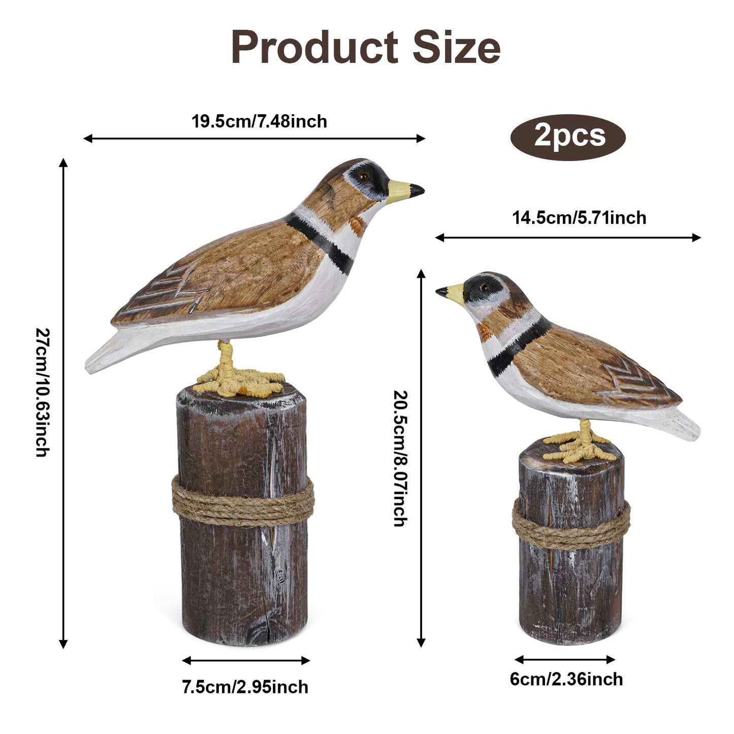 SANMENMO Hand-Carved Wooden Shorebird Decor – Set of 2 Seabird Figurines on Rustic Wood Posts, Coastal Nautical Theme Tabletop Ornaments for Home, Shelf, or Beach House Decor