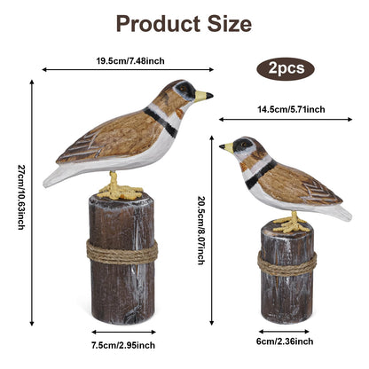 SANMENMO Hand-Carved Wooden Shorebird Decor – Set of 2 Seabird Figurines on Rustic Wood Posts, Coastal Nautical Theme Tabletop Ornaments for Home, Shelf, or Beach House Decor