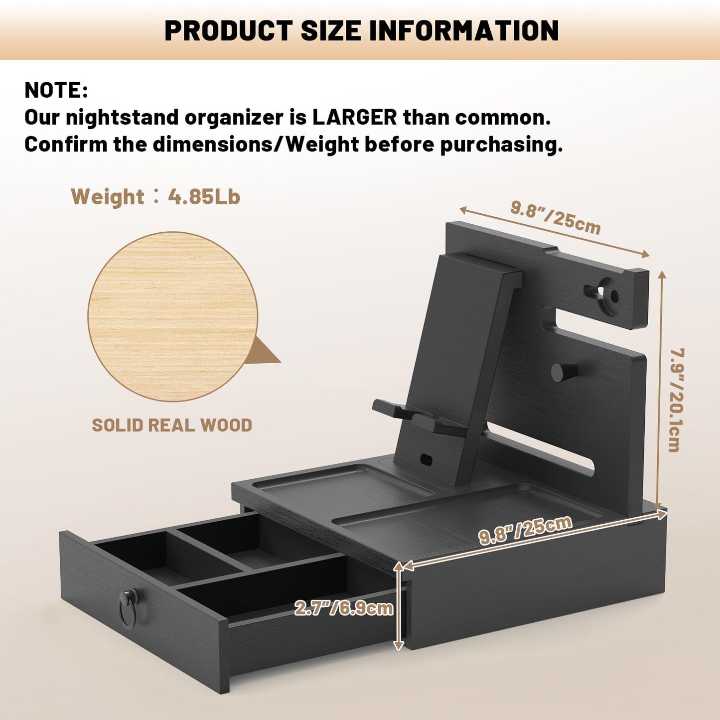 Zaldia Wood Phone Docking Station, Nightstand Organizer with Drawer, Bedside Table Organizer for Watch & Accessories, Christmas Anniversary Birthday Gifts for Men,Dad,Husband
