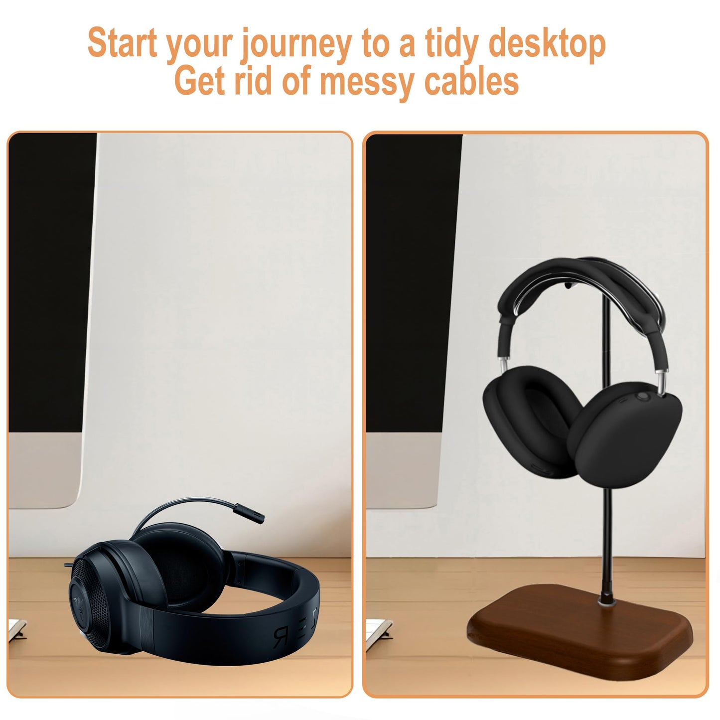 JE Walnut Headphone Stand for Desk- Universal Wood&Aluminum Headset Stand Metal Gaming Headphone Holder with Heavy Duty Base for AirPods Max, Xbox One, Sony, Beats, Most Music Headphones(Sliver)
