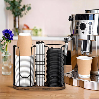 BCOZLUX Coffee Cup Holder 18oz 3-Compartment Paper Cup Dispenser Rack with Wood Base - Disposable Cup, Straw & Lid Organizer 3-in-1 Storage for Countertop, Coffee Bar, Kitchen, Office