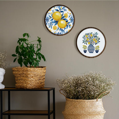 BIWSHA Italian Lemon Amalfi Coast Wall Art Decor, Mediterranean Lemon Botanical Coastal Beach Round Wooden Wall Hanging Decor for Kitchen Home Bedroom Living Room, 10 Inch Diameter Set of 4