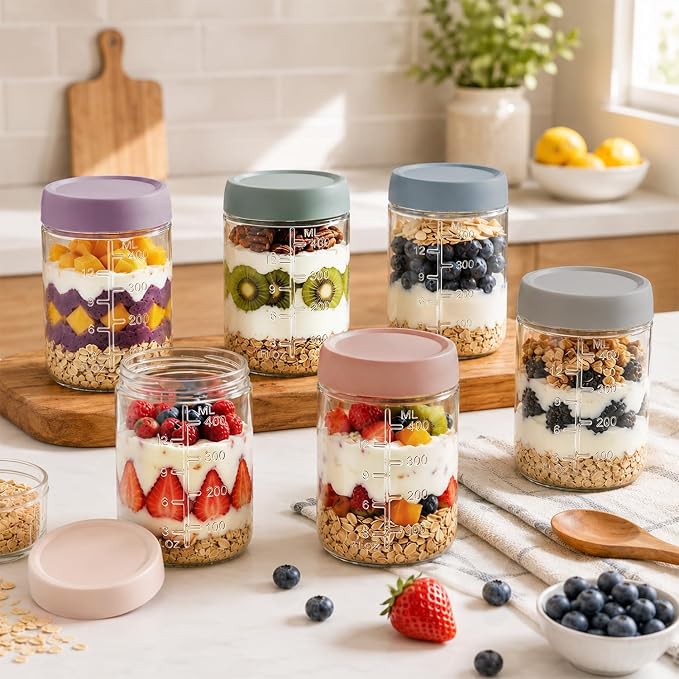 KEMORELA 6-Pack 16oz Overnight Oats Containers with Lids, Wide Mouth Glass Mason Jars with Airtight Lids, Reusable Glass Food Storage Containers for Yogurt, Chia Pudding, Salad, and Pickles